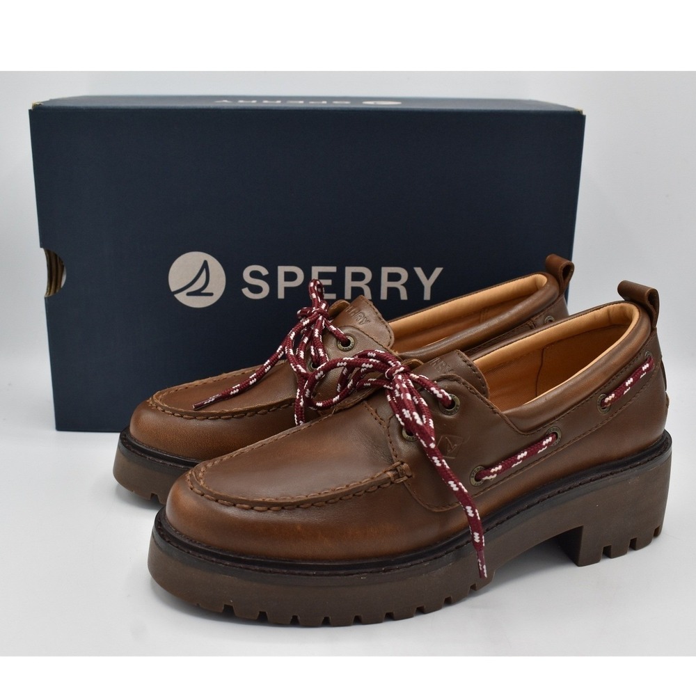 Sperry 2 Eye Women Size 9 Brown Leather Lug Slip On Boat Shoes Coquette Preppy
